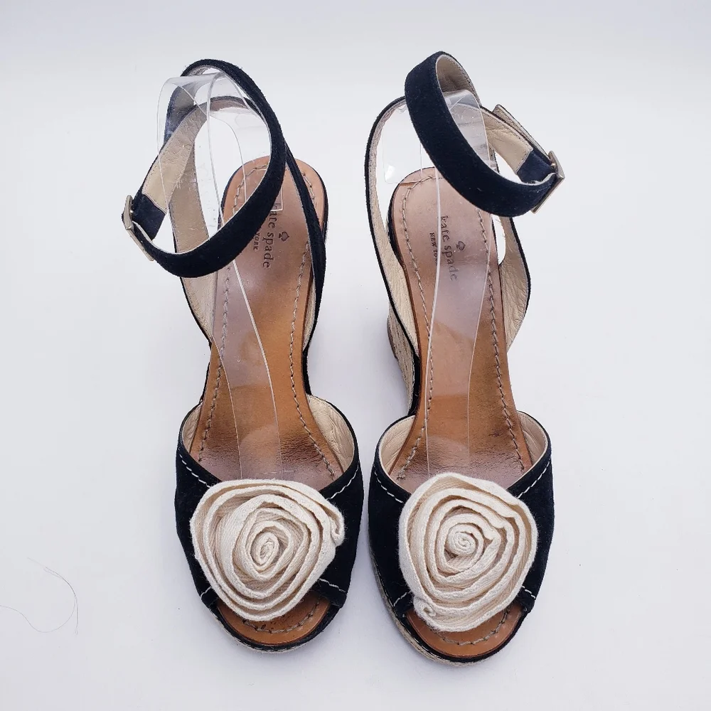 Kate Spade Brit Wedge Espadrille Sandal Black Suede Cream Rosette Twill Size 9.5